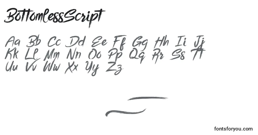 Czcionka BottomlessScript – alfabet, cyfry, specjalne znaki
