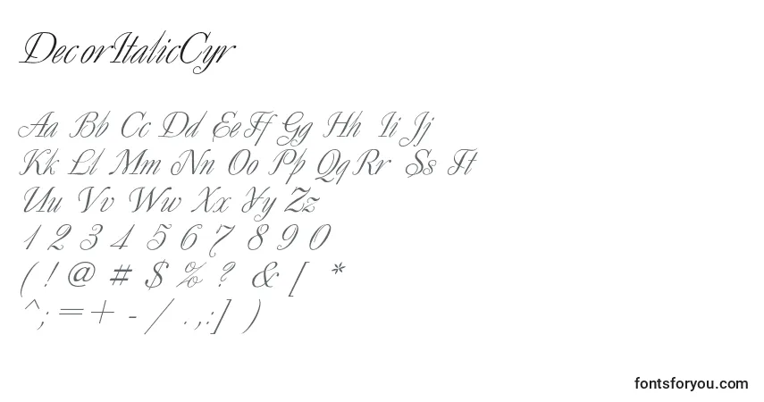 Шрифт DecorItalicCyr – алфавит, цифры, специальные символы