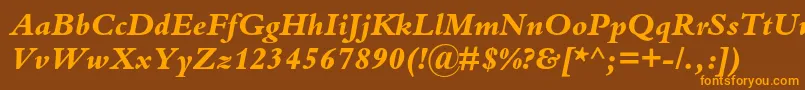 フォントBembostdExtrabolditalic – オレンジ色の文字が茶色の背景にあります。