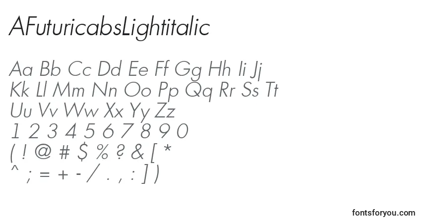 Czcionka AFuturicabsLightitalic – alfabet, cyfry, specjalne znaki