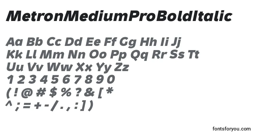 MetronMediumProBoldItalic-fontti – aakkoset, numerot, erikoismerkit
