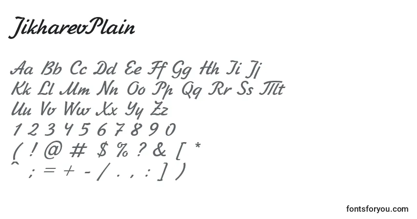 Czcionka JikharevPlain – alfabet, cyfry, specjalne znaki