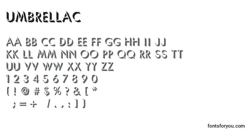 A fonte Umbrellac – alfabeto, números, caracteres especiais