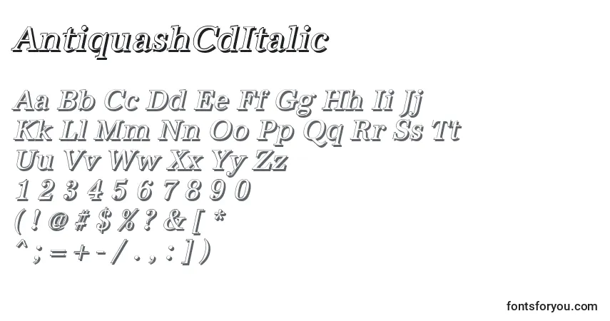 Schriftart AntiquashCdItalic – Alphabet, Zahlen, spezielle Symbole