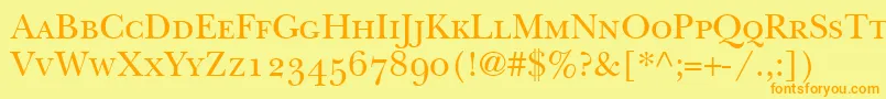 BaskervilleSmallCapsSsiSmallCaps-fontti – oranssit fontit keltaisella taustalla