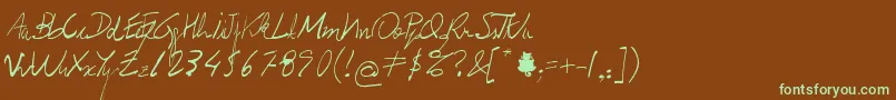フォントProf.Jorge – 緑色の文字が茶色の背景にあります。