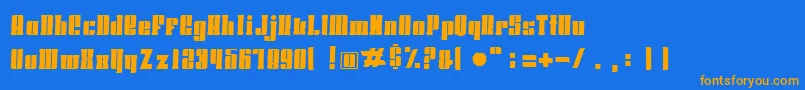 フォントHoodsandcapersSlab – オレンジ色の文字が青い背景にあります。