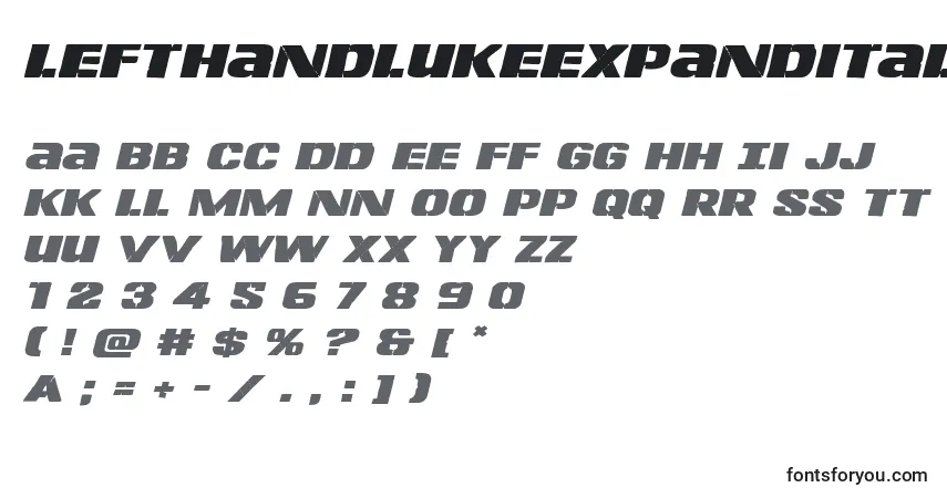 Шрифт Lefthandlukeexpandital – алфавит, цифры, специальные символы