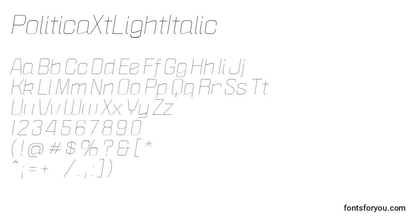 Шрифт PoliticaXtLightItalic – алфавит, цифры, специальные символы