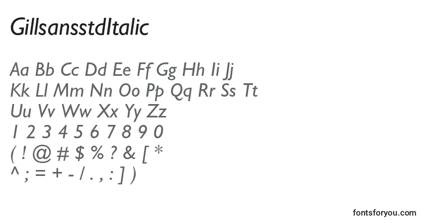 Шрифт GillsansstdItalic – алфавит, цифры, специальные символы