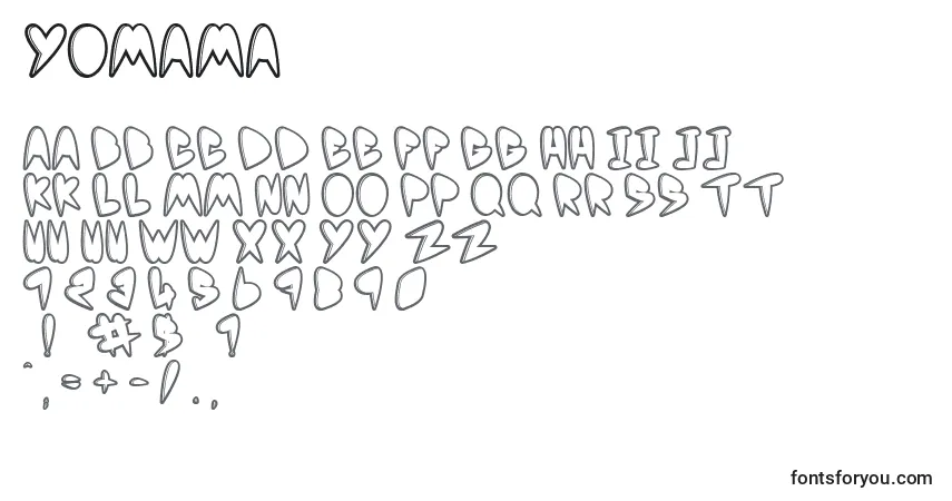 Schriftart YoMama – Alphabet, Zahlen, spezielle Symbole