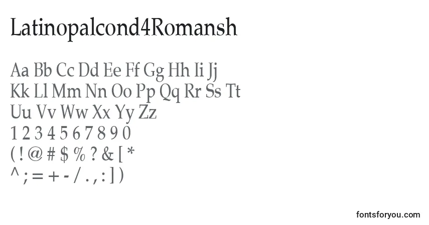 Czcionka Latinopalcond4Romansh – alfabet, cyfry, specjalne znaki