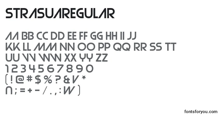 Czcionka StrasuaRegular – alfabet, cyfry, specjalne znaki
