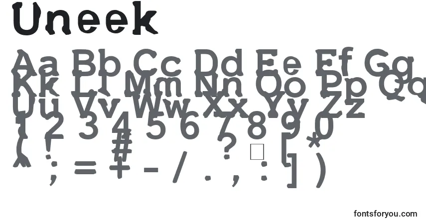 A fonte Uneek – alfabeto, números, caracteres especiais