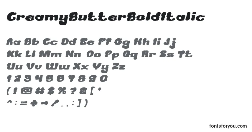Schriftart CreamyButterBoldItalic – Alphabet, Zahlen, spezielle Symbole