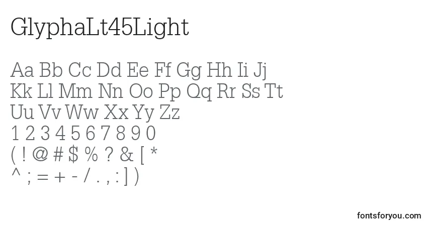 Czcionka GlyphaLt45Light – alfabet, cyfry, specjalne znaki