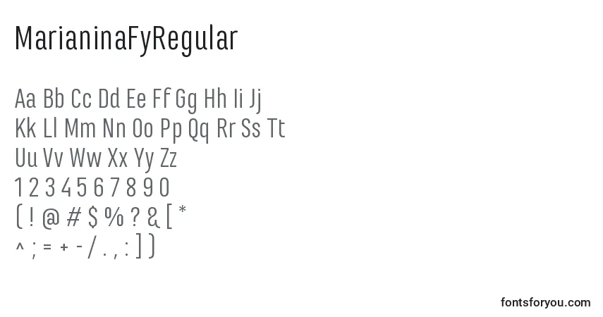 A fonte MarianinaFyRegular – alfabeto, números, caracteres especiais