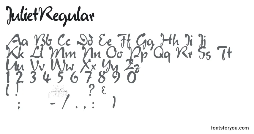 Czcionka JulietRegular – alfabet, cyfry, specjalne znaki