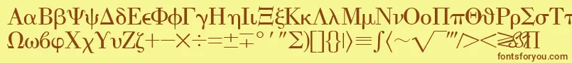 フォントEisagogreeksskRegular – 茶色の文字が黄色の背景にあります。