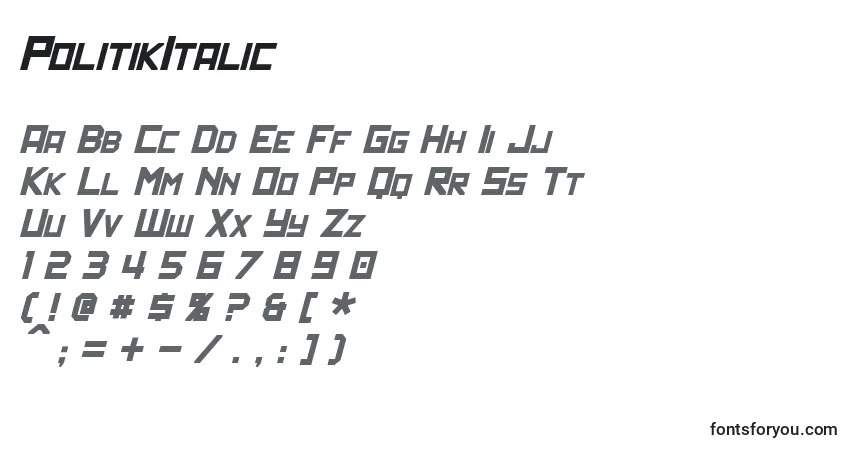 Schriftart PolitikItalic – Alphabet, Zahlen, spezielle Symbole