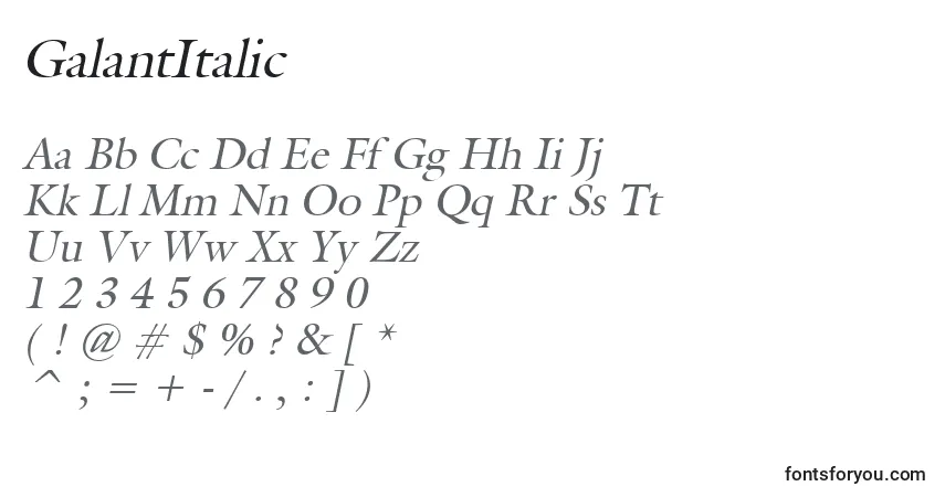Czcionka GalantItalic – alfabet, cyfry, specjalne znaki