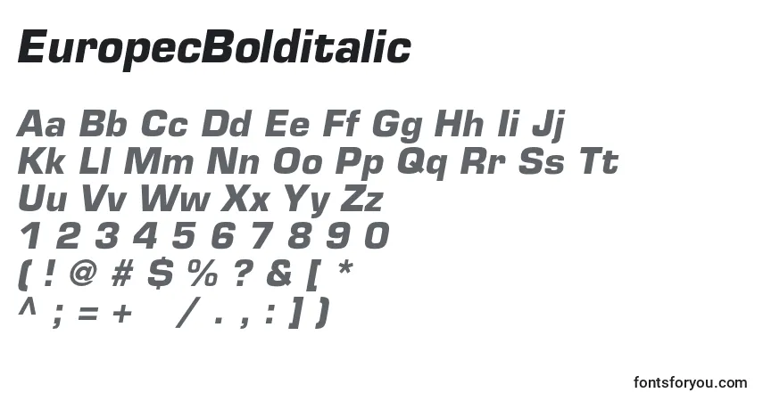 Czcionka EuropecBolditalic – alfabet, cyfry, specjalne znaki