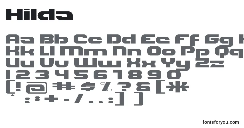 characters of hilda font, letter of hilda font, alphabet of  hilda font