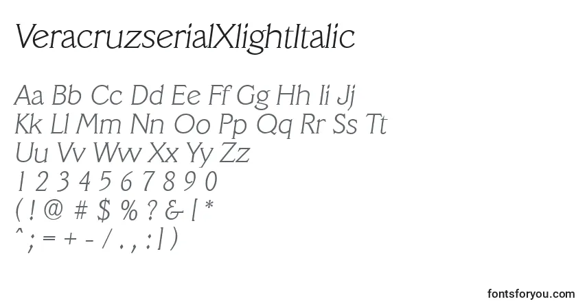Czcionka VeracruzserialXlightItalic – alfabet, cyfry, specjalne znaki