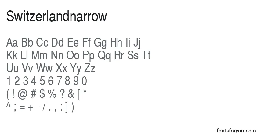 A fonte Switzerlandnarrow – alfabeto, números, caracteres especiais