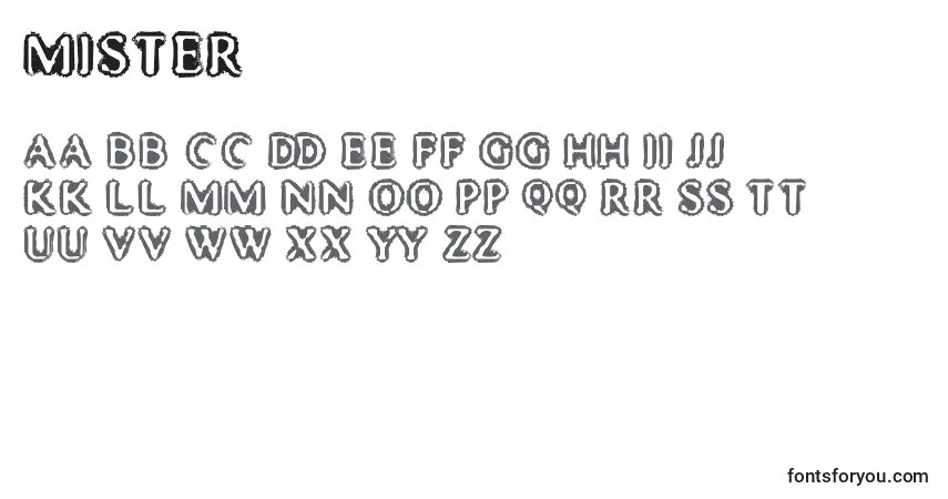 Czcionka Mister – alfabet, cyfry, specjalne znaki