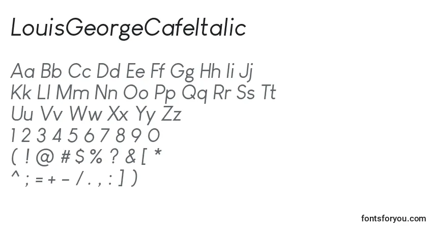 Czcionka LouisGeorgeCafeItalic – alfabet, cyfry, specjalne znaki