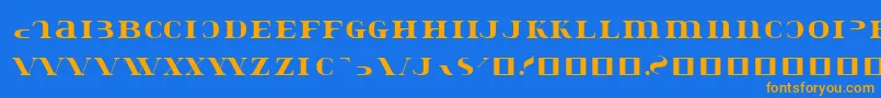 フォントKonstatastencil – オレンジ色の文字が青い背景にあります。