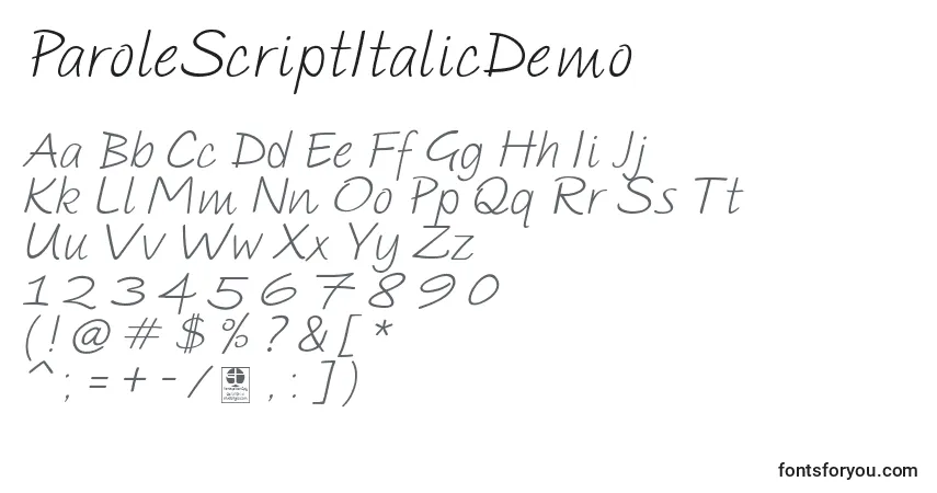 Schriftart ParoleScriptItalicDemo – Alphabet, Zahlen, spezielle Symbole