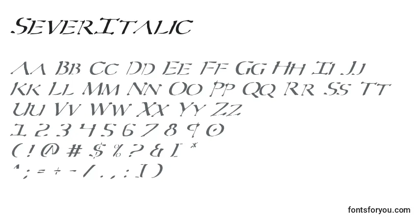 Шрифт SeverItalic – алфавит, цифры, специальные символы