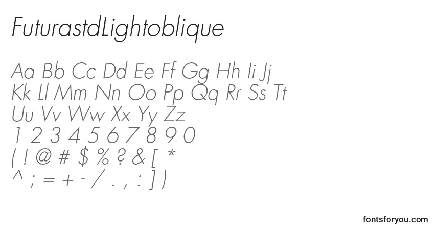 Шрифт FuturastdLightoblique – алфавит, цифры, специальные символы