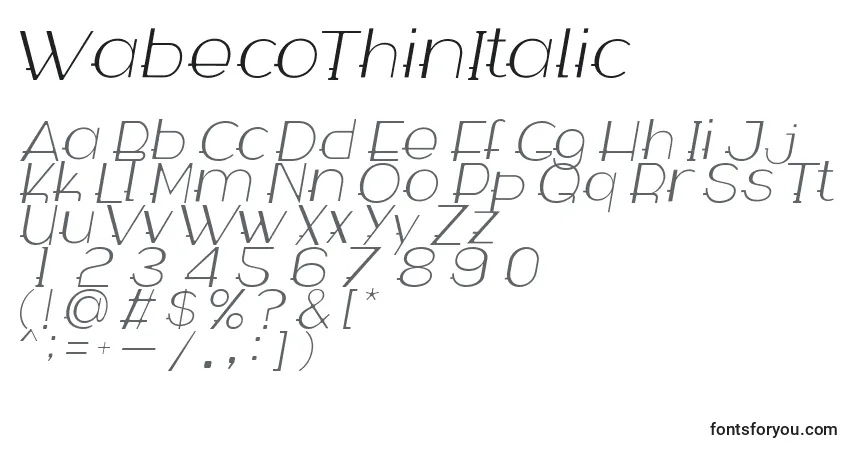 Schriftart WabecoThinItalic – Alphabet, Zahlen, spezielle Symbole