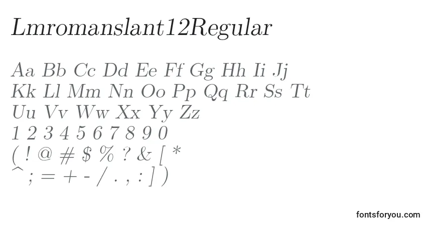 Czcionka Lmromanslant12Regular – alfabet, cyfry, specjalne znaki