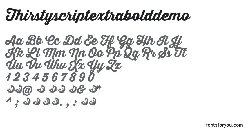 A fonte Thirstyscriptextrabolddemo – alfabeto, números, caracteres especiais