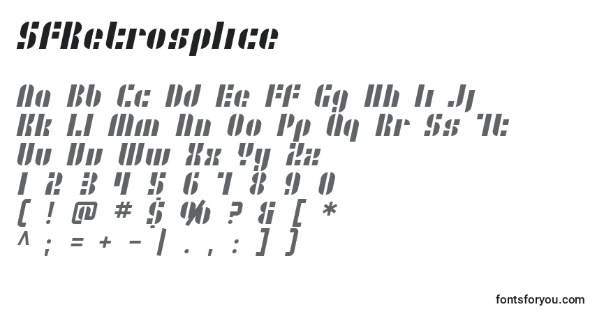 Czcionka SfRetrosplice – alfabet, cyfry, specjalne znaki