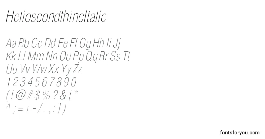 A fonte HelioscondthincItalic – alfabeto, números, caracteres especiais
