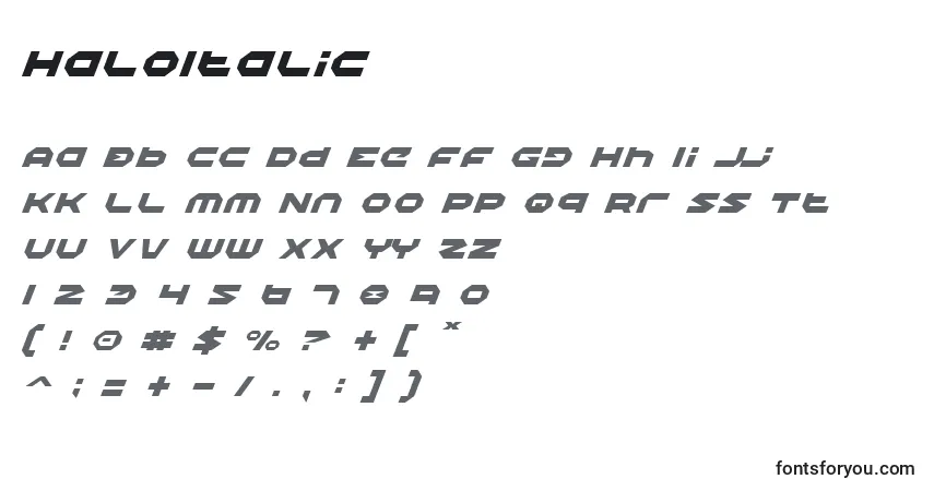 Czcionka HaloItalic – alfabet, cyfry, specjalne znaki