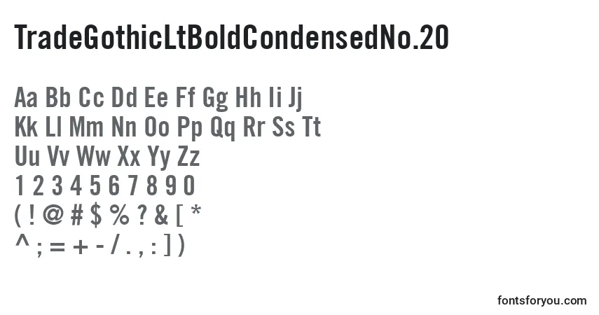 A fonte TradeGothicLtBoldCondensedNo.20 – alfabeto, números, caracteres especiais