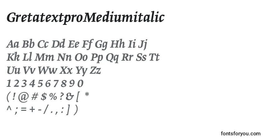 GretatextproMediumitalicフォント–アルファベット、数字、特殊文字