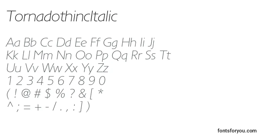 Czcionka TornadothincItalic – alfabet, cyfry, specjalne znaki