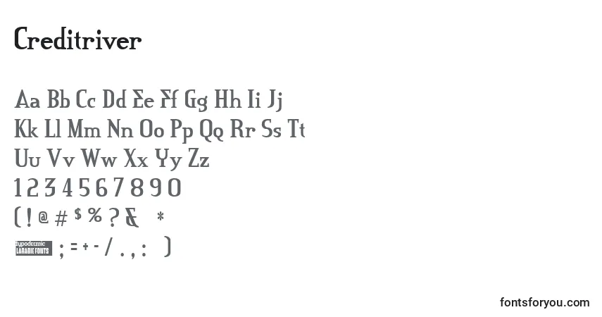A fonte Creditriver – alfabeto, números, caracteres especiais