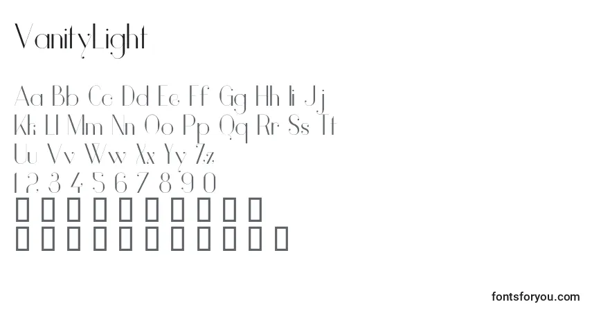 Czcionka VanityLight – alfabet, cyfry, specjalne znaki