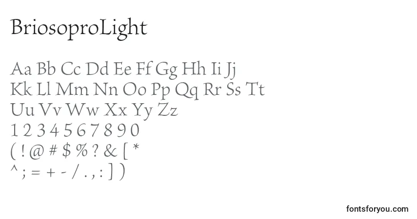 Czcionka BriosoproLight – alfabet, cyfry, specjalne znaki