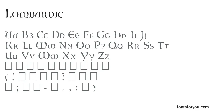 A fonte Lombardic – alfabeto, números, caracteres especiais