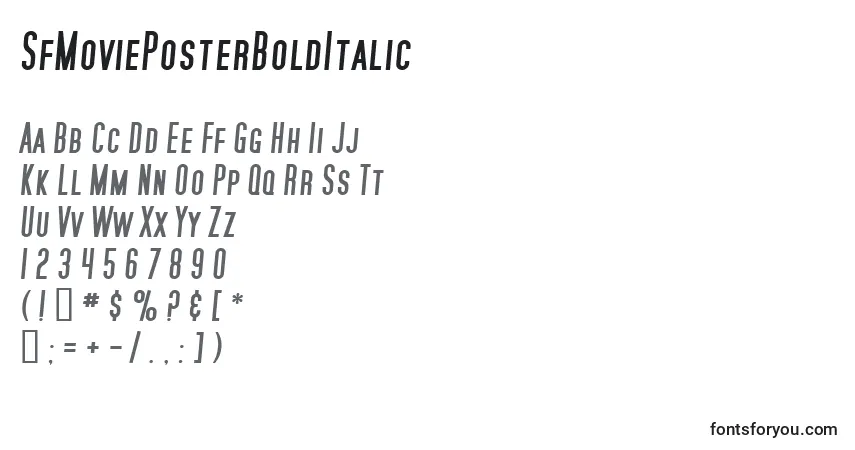Шрифт SfMoviePosterBoldItalic – алфавит, цифры, специальные символы