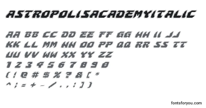 Schriftart AstropolisAcademyItalic – Alphabet, Zahlen, spezielle Symbole